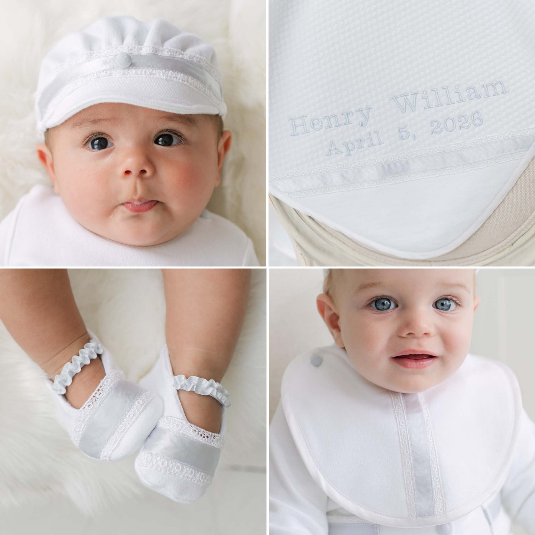 Collage of baby items including a white hat, white quilt blanket, booties, and a white bib
