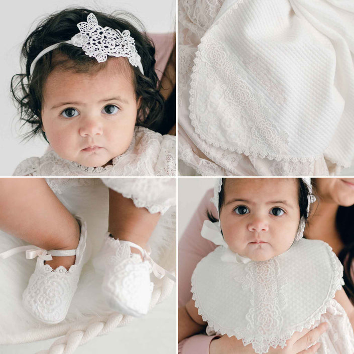 A baby is adorned in a charming white lace headband and an exquisite gown from the Juliette Accessory Bundle, which offers savings of 15%. The collage showcases detailed images of the baby, delicate lace shoes, a personalized quilted blanket, and a bib. The little one is being tenderly held by an adult.