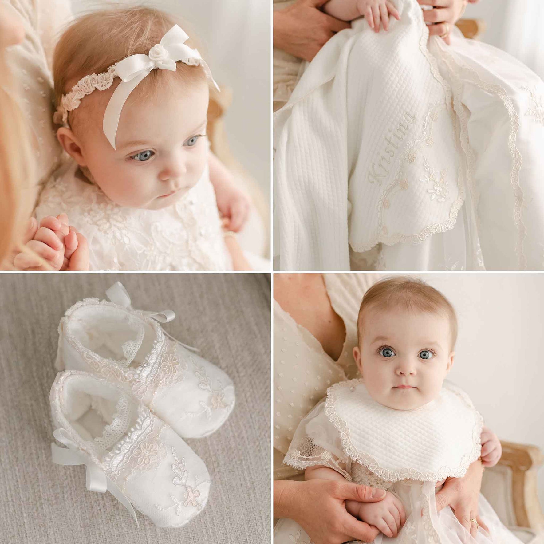 A baby, adorned in a delicate white christening dress and headband, is held by an adult. Nearby, the Kristina Accessory Bundle makes its mark with a pair of embroidered white baby shoes. The embroidered white garment featuring the name "Kristina" personalizes this charming baptism scene.