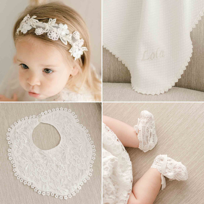Four items from the Lola Christening Accessory Bundle: a floral lace headband, lace booties, embroidered bib, and a personalized blanket, perfect for a christening ceremony.