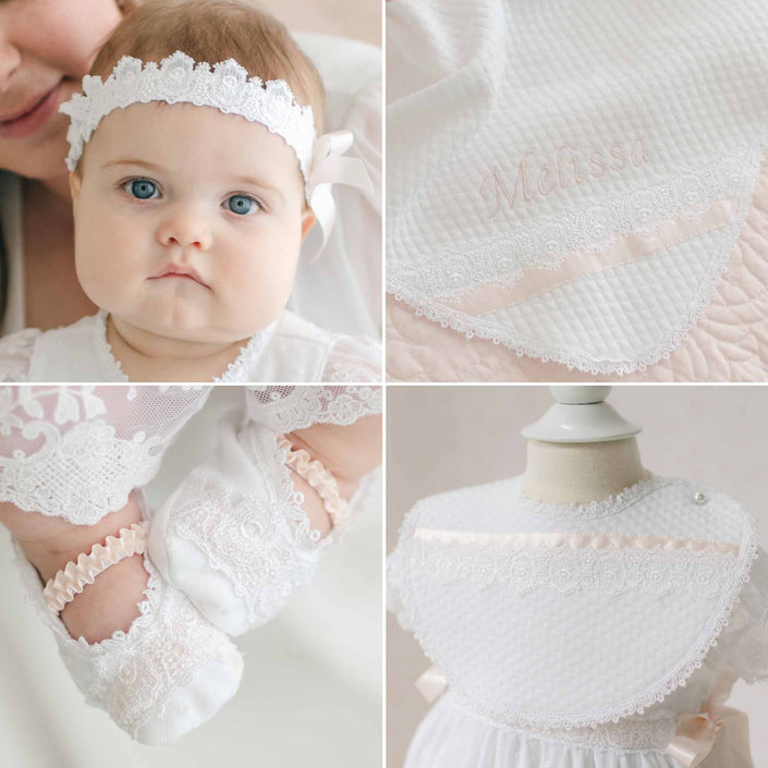 Melissa Accessory Bundle featuring a delicate headband and lace-trimmed outfit, tiny socks, and a blanket, all in soft, neutral tones with floral accents.