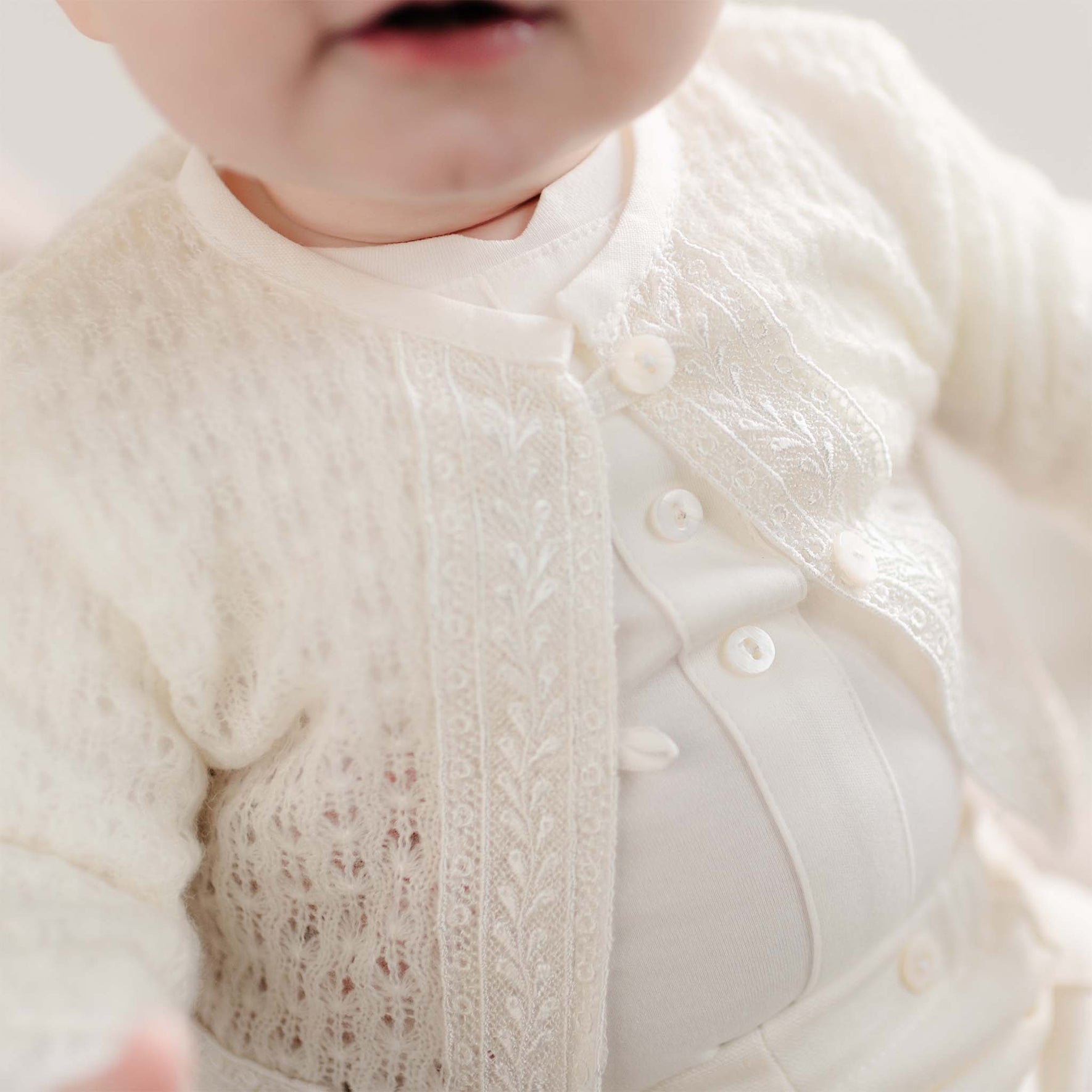 A detail shot of the lace pattern on the Oliver Sweater.