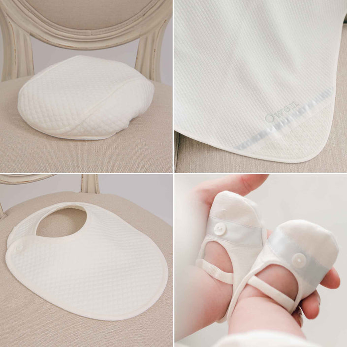 Four photos of what comprises the Owen Suit Accessory Bundle, including the Cotton Newsboy Cap, Personalized Blanket, Bib, and Linen Booties