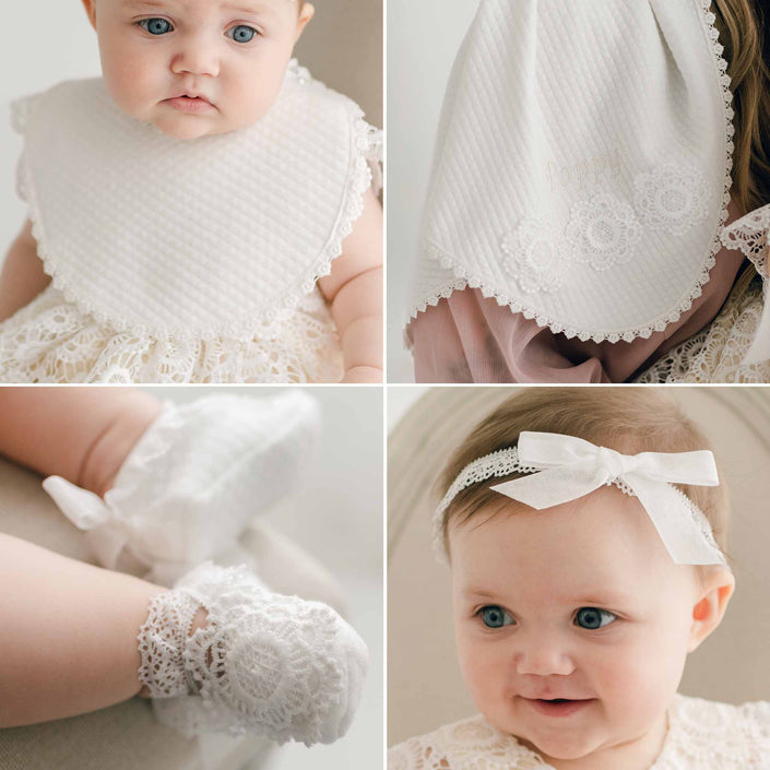 Poppy Christening Accessory Bundle: christening bib, personalized blanket, booties, and headband.