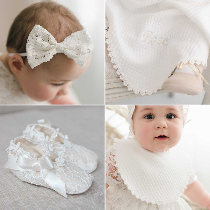 Collage of a baby girl in a Rose Accessory Bundle, featuring close-ups of her heirloom headband and shoes, blanket and a personalized bib with scalloped edges.