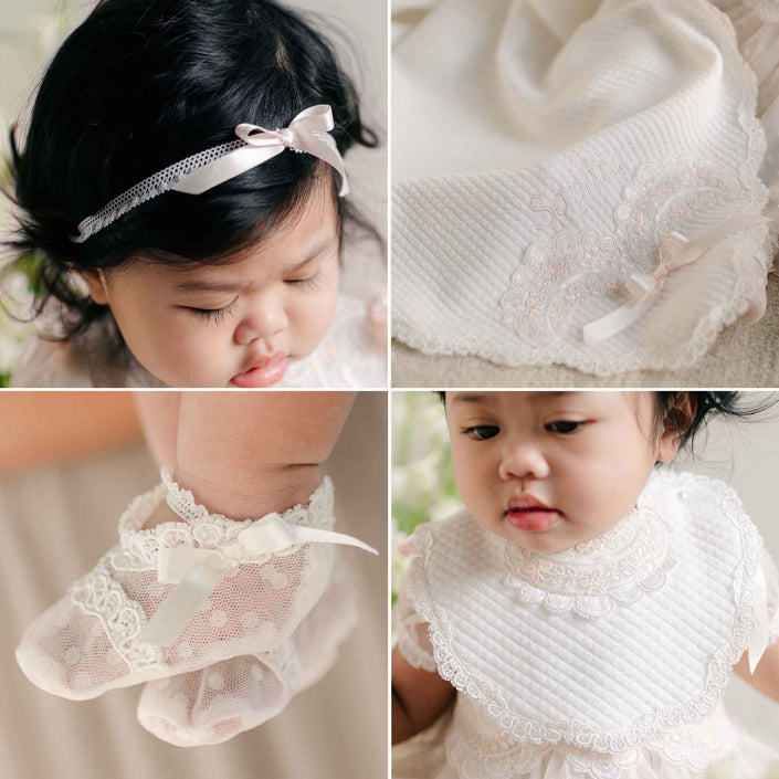 The Sophia Accessory Bundle includes a lace bib, embroidered blanket, sheer booties, and silk ribbon headband.