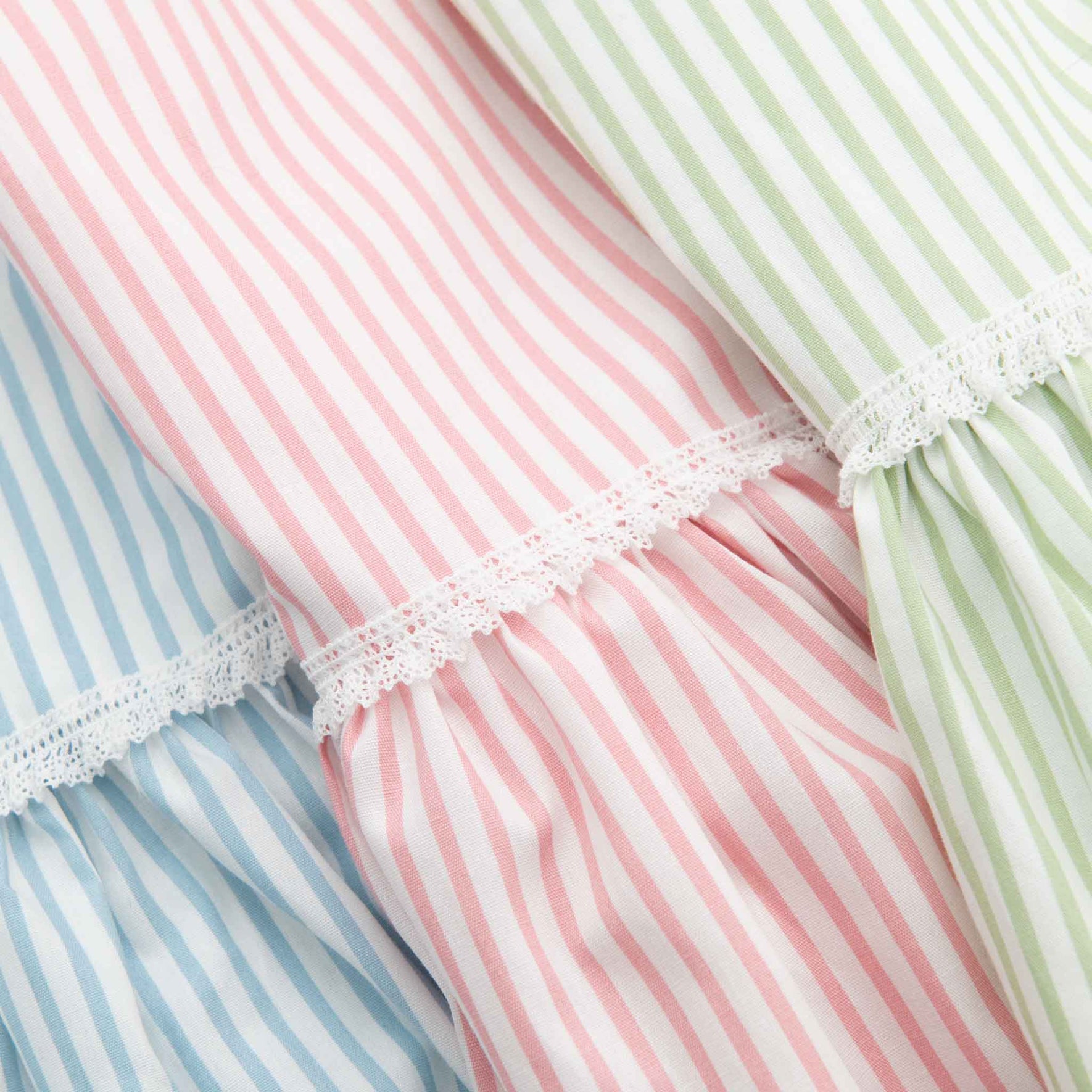 Close-up of three pieces of striped cotton fabric in pastel colors: blue, pink, and green. Each piece is gathered at the edge and adorned with a delicate white lace trim, evoking the elegant style of Thea Wrap Dress.