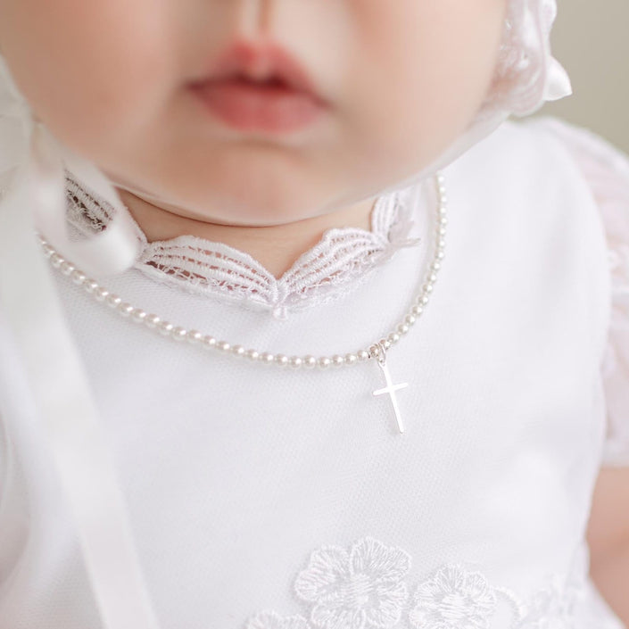 White Luster Pearl Necklace with Silver Cross