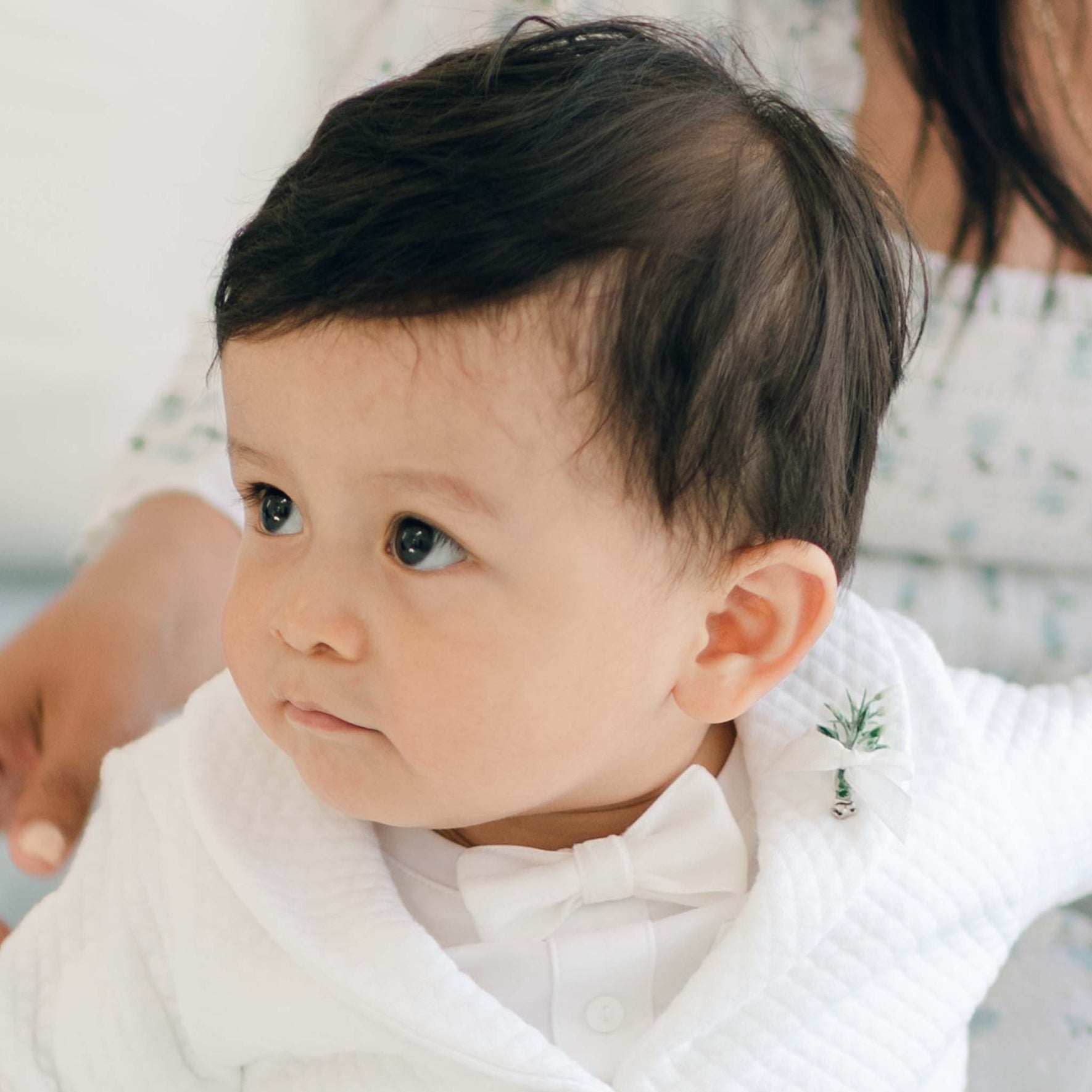 A toddler with dark hair, dressed in a white suit and wearing the White Velvet Bow Tie & Boutonniere on the lapel, has a small pine tree boutonniere. An adult's hand rests gently on the child's shoulder, while the background is blurred.