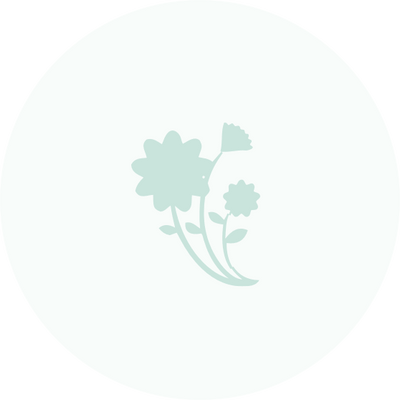 A simple illustration of three flowers with leaves, all in a pale mint green color, is centered on a white circular background.