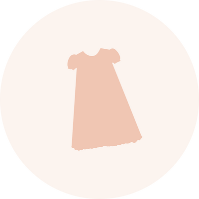 Illustration of a simple, peach-colored dress with short sleeves and a round neckline, set against a white circular background.