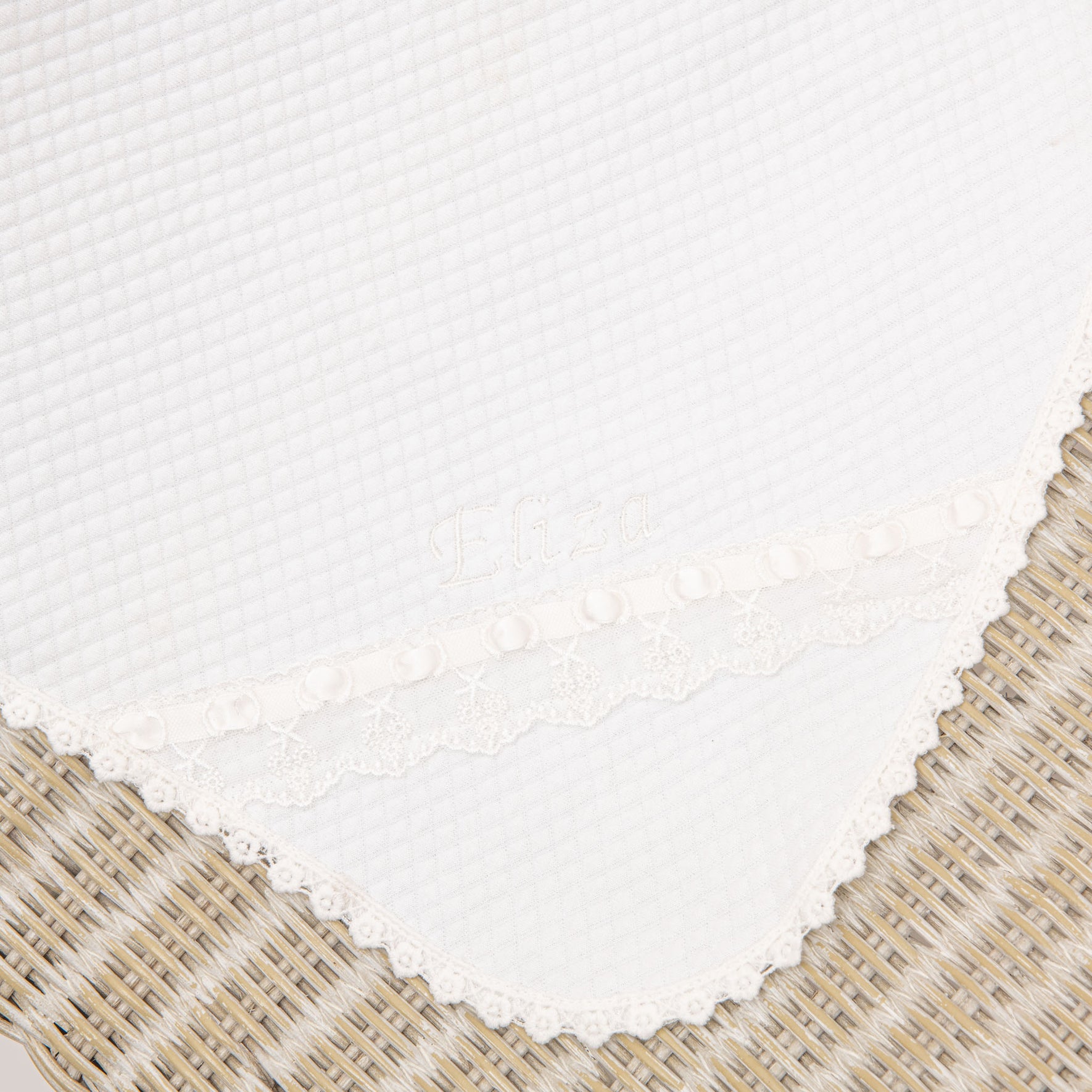 Displayed is a white textured fabric adorned with lace trim and delicate embroidered floral designs, subtly displaying the name "Eliza." Ideal for inclusion in a baby dress accessory set, this sophisticated fabric cascades over a woven backdrop.