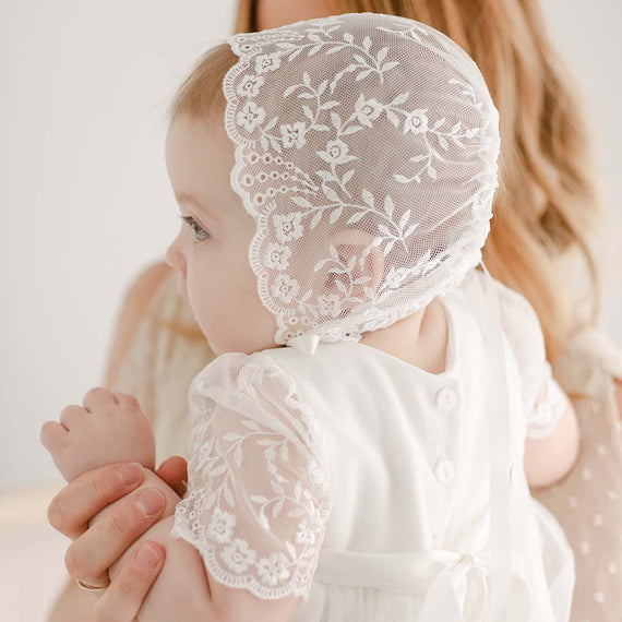 Photo showing the details of the Ella lace baby girl bonnet. 