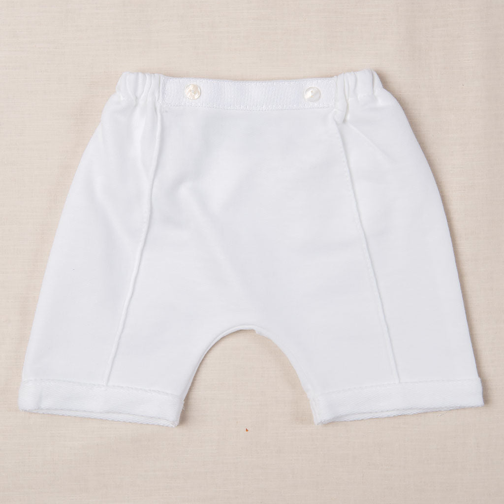 Flat lay photo of the Logan Shorts made from 100% White French Terry Cotton.