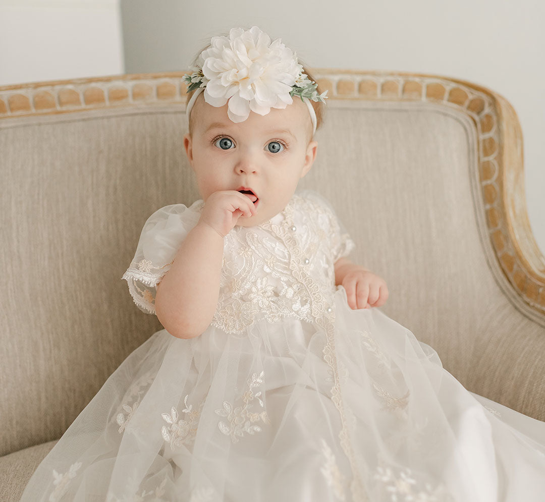 christening dresses ladies Lace Christening Gown for Baby Girl: Bonnet, Booties, Bib & Blanket