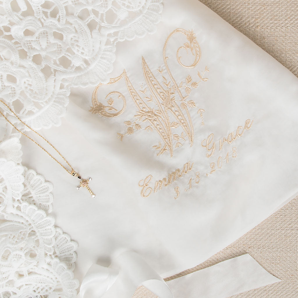 Monogram Name, Date & Family Letter Embroidery at Baby Beau & Belle Monogram Name, Date & Family Letter Embroidery at Baby Beau & Belle
