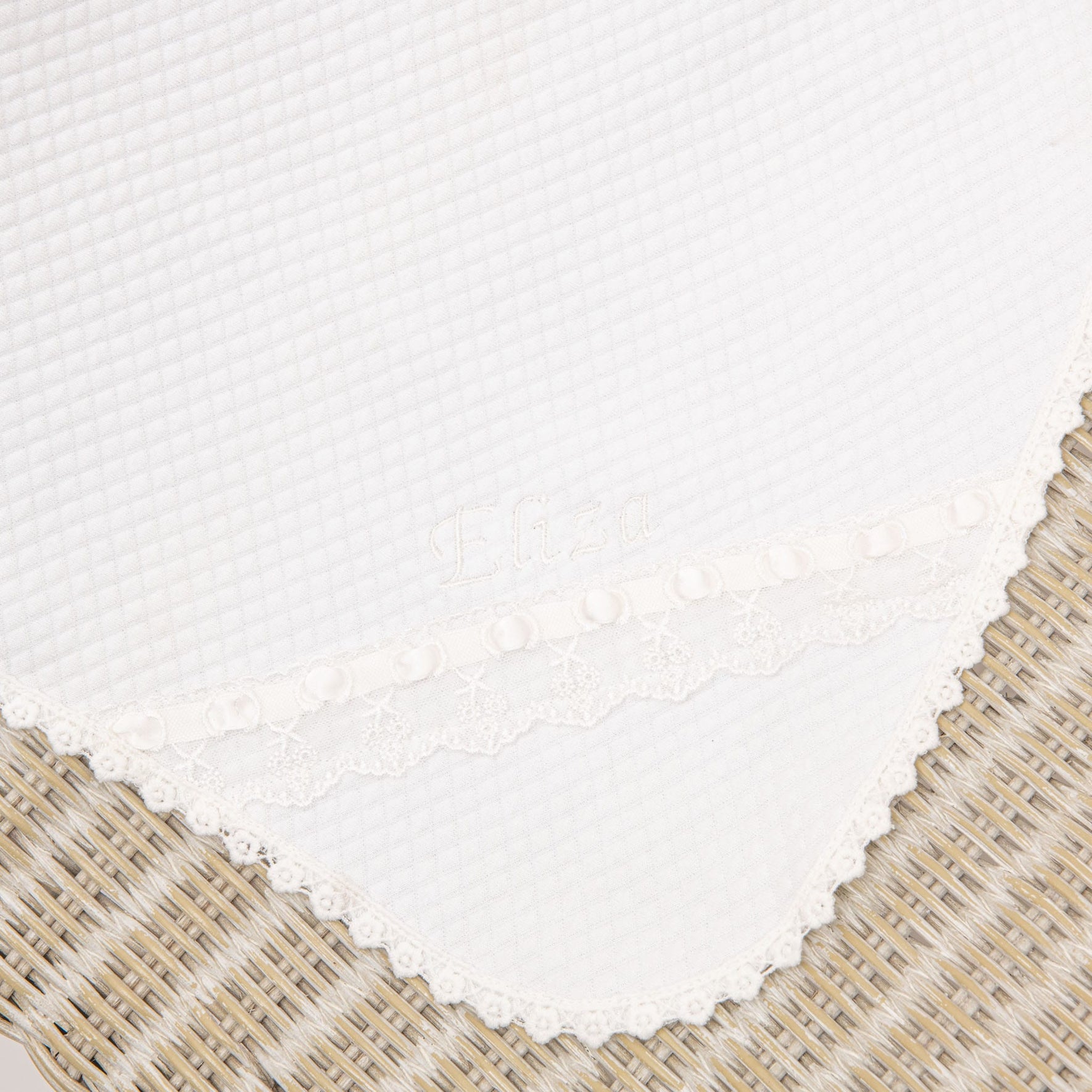 Displayed is a white textured fabric adorned with lace trim and delicate embroidered floral designs, subtly displaying the name "Eliza." Ideal for inclusion in a baby dress accessory set, this sophisticated fabric cascades over a woven backdrop.