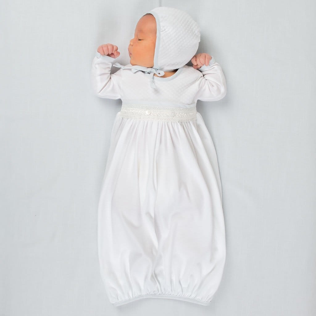 A close-up of the lace waistband on the Harrison Newborn Christening Gown, highlighting the intricate detailing and soft fabric.