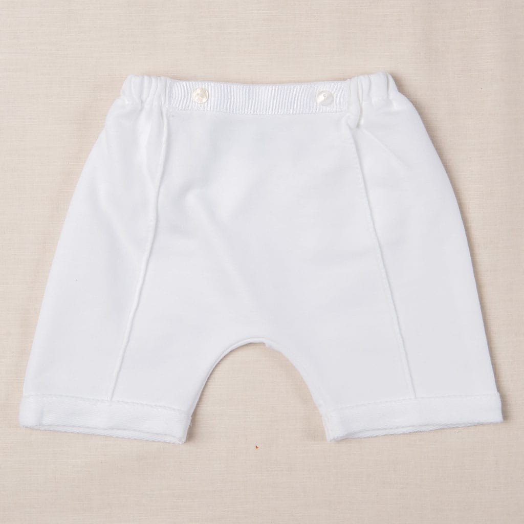 Flat lay photo of the Logan Shorts made from 100% White French Terry Cotton.