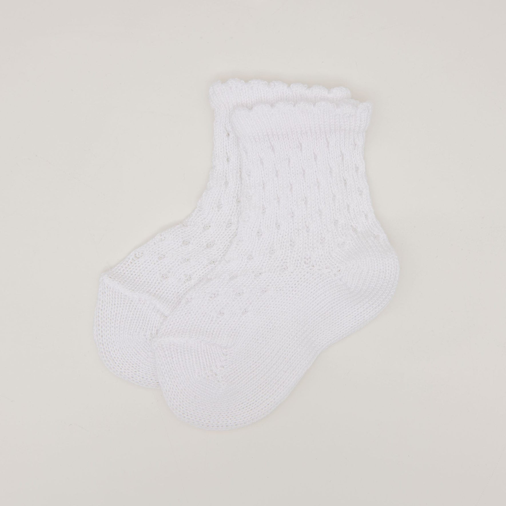 The Scallop Edge Crochet Sock, crafted from 100% cotton, is laid flat on a plain white background. This pair of white knitted baby socks features a charming scalloped cuff and a subtle pattern of small holes throughout the fabric.