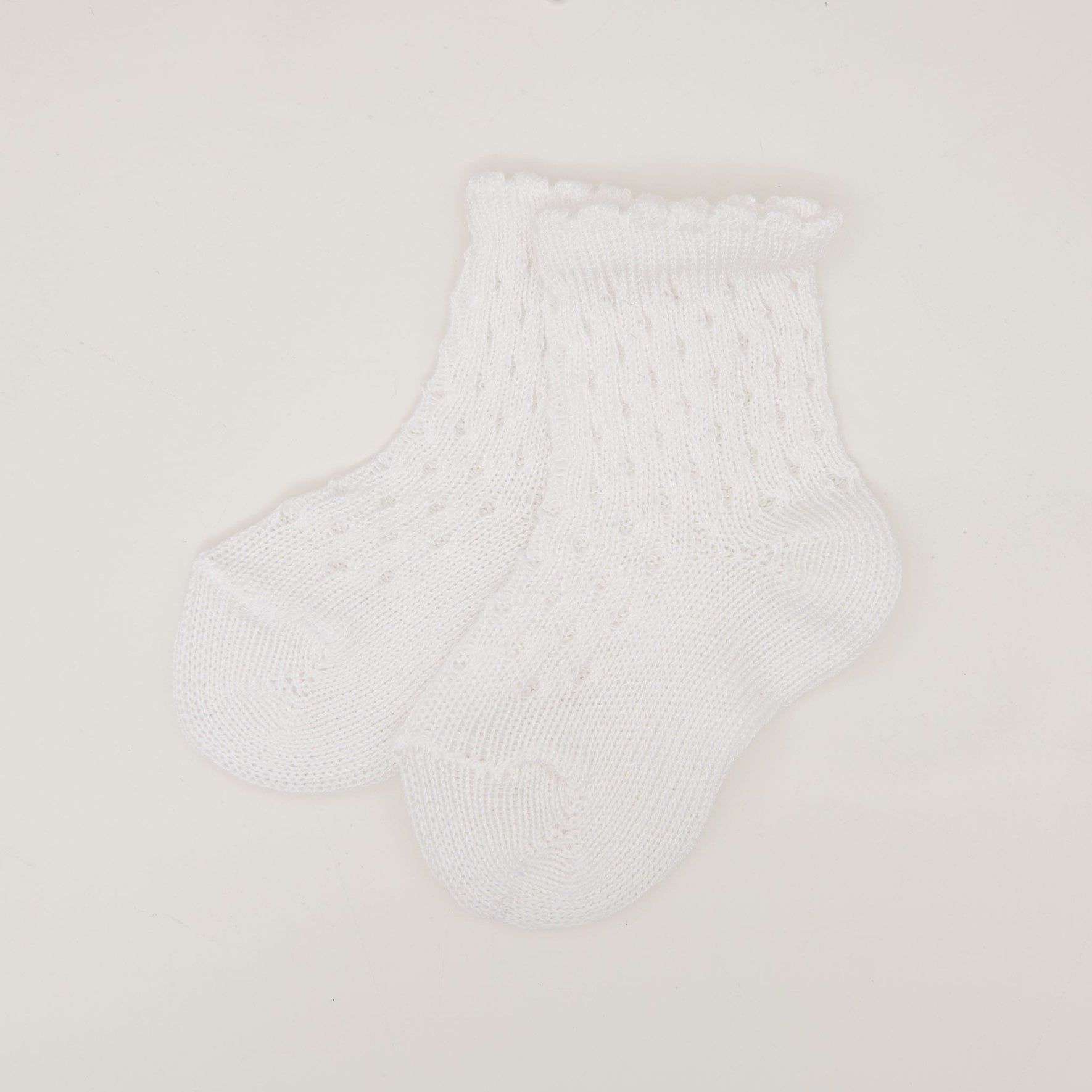 The Scallop Edge Crochet Sock, a pair of white knitted baby socks featuring a textured pattern and a scalloped cuff, is displayed against a plain light background. These socks are made from 100% cotton.