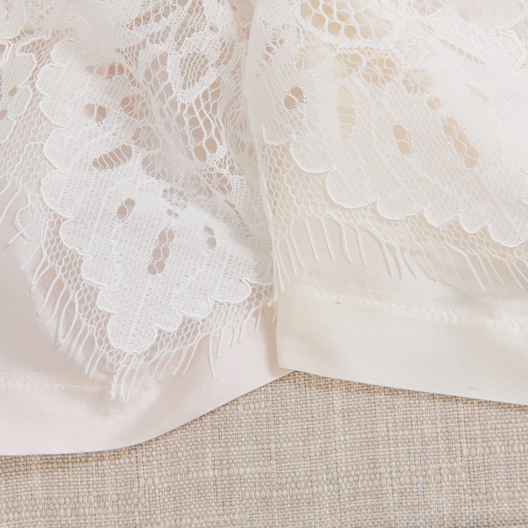 A close-up view of delicate white lace fabric with intricate floral patterns, overlaying a beige textile background. The embroidered lace features scalloped edges and fine mesh detailing, reminiscent of a handmade Victoria Puff Sleeve Christening Gown & Bonnet from the USA.