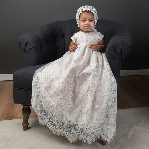 Ruby by Millie Grace - Baby Girls Lace Silk Christening Gown & Bonnet -  childrensspecialoccasionwear.co.uk